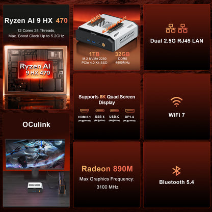 Reatan X8-NEO Mini PC AMD Ryzen AI 9 HX 470 32GB 1TB