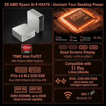 Reatan X8 AI Mini PC Ryzen AI 9 HX470 Crucial 48GB DDR5 1TB/2TB SSD with OcuLink